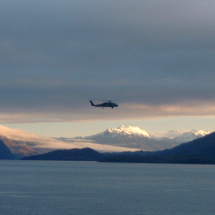 Helicopter circling in the Straights of Magellan